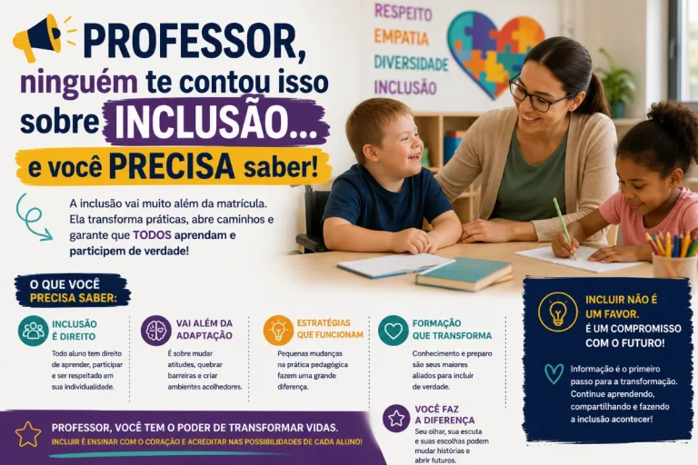 Professora acolhe estudantes em sala de aula inclusiva, representando a importância da inclusão escolar e de práticas pedagógicas acessíveis.