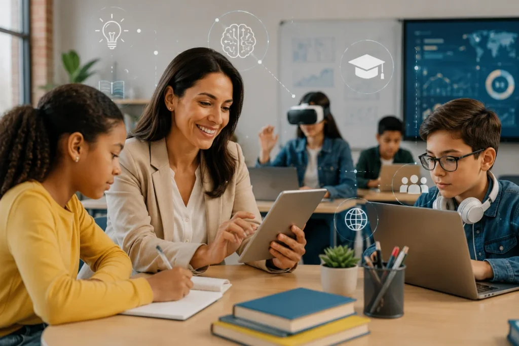 Professora e estudantes utilizando tecnologias educacionais em sala de aula moderna, com tablets, notebook, realidade virtual e recursos digitais voltados à inovação no ensino.