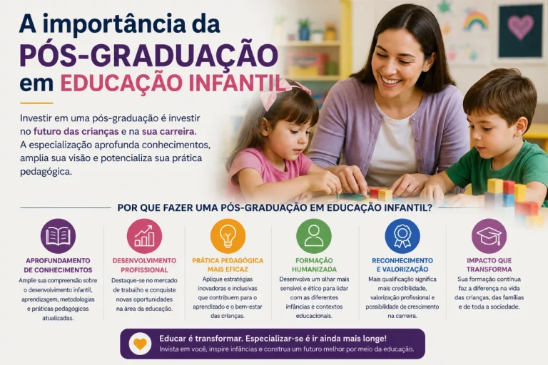 Educadora acompanha crianças em atividade lúdica com blocos coloridos, representando a importância da pós-graduação em Educação Infantil.