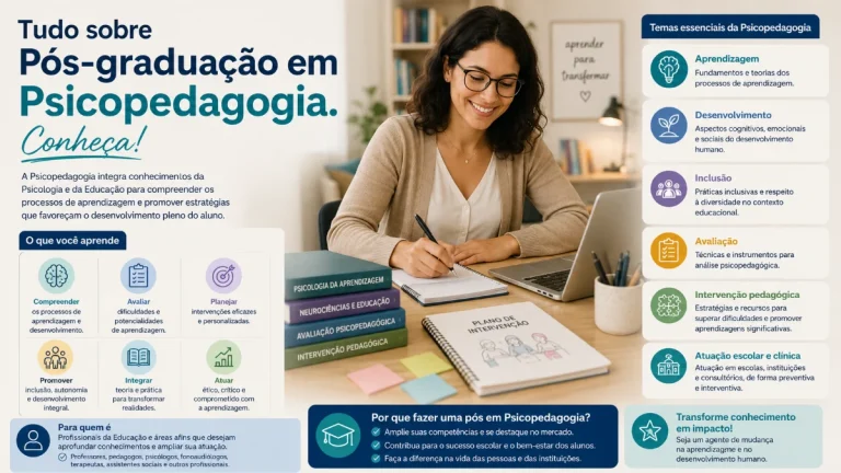 Profissional estuda em notebook e faz anotações em mesa com materiais sobre aprendizagem, avaliação e intervenção pedagógica, representando a pós-graduação em Psicopedagogia.