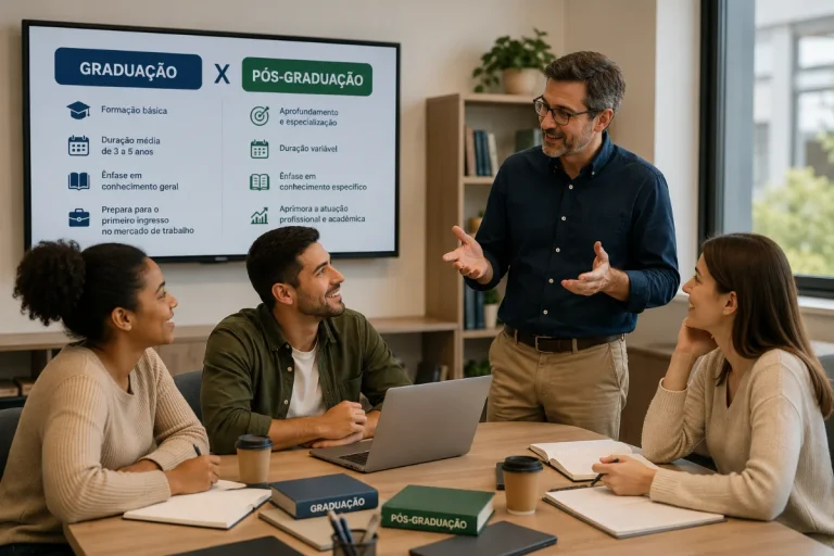 Estudantes adultos conversam com um professor em uma sala de aula moderna sobre as diferenças entre graduação e pós-graduação, com materiais de estudo sobre a mesa.