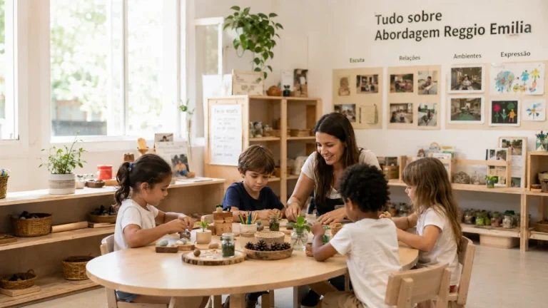 Educadora acompanha crianças em uma atividade com materiais naturais em sala de aula inspirada na Abordagem Reggio Emilia, com registros pedagógicos expostos ao fundo.