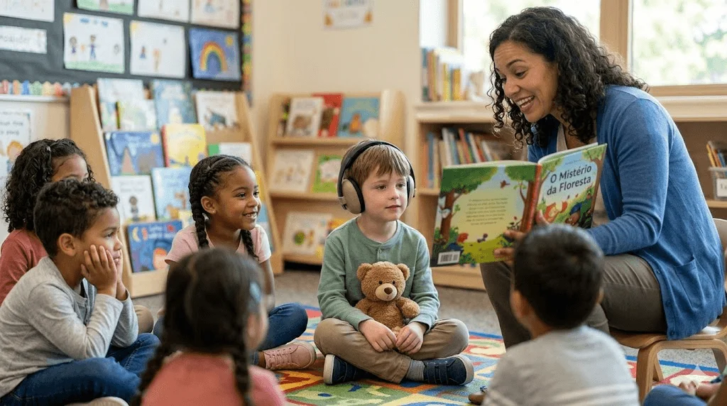 Professora aplicando atividades para autismo na roda de história, com um aluno utilizando abafador de ruído e segurando um urso de pelúcia para regulação sensorial.
