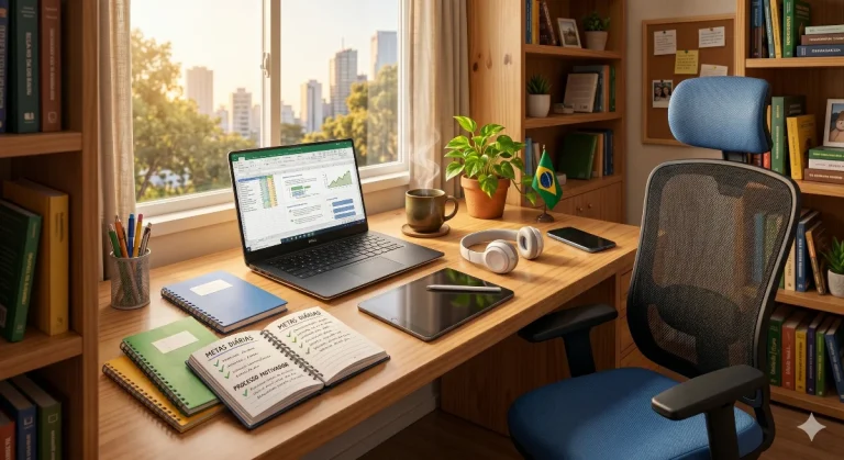 Mesa de estudos organizada com um notebook aberto, tablet, cadernos e uma cadeira ergonômica em um ambiente bem iluminado, ideal para manter o foco nos estudos online.