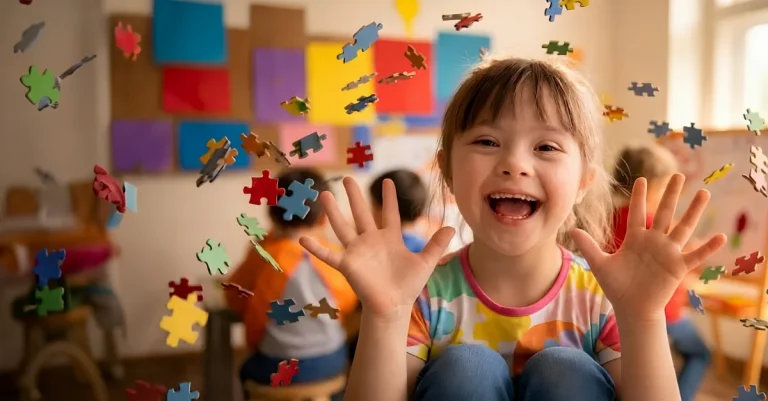 Menina com Síndrome de Down sorrindo e mostrando as mãos abertas em uma sala de aula colorida com atividades ao fundo, representando a inclusão escolar e o acolhimento na educação especial.