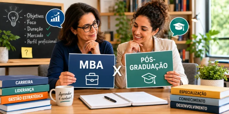 Duas profissionais analisam um documento comparando MBA e Pós-graduação em um ambiente de estudos moderno, com elementos visuais relacionados à educação e desenvolvimento de carreira.