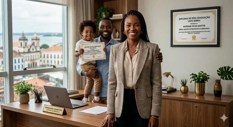 Mulher com diploma de pós-graduação em ambiente corporativo