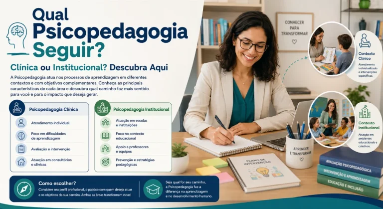 Profissional de Psicopedagogia analisa materiais de estudo sobre atuação clínica e institucional, representando a escolha entre Psicopedagogia Clínica ou Institucional.