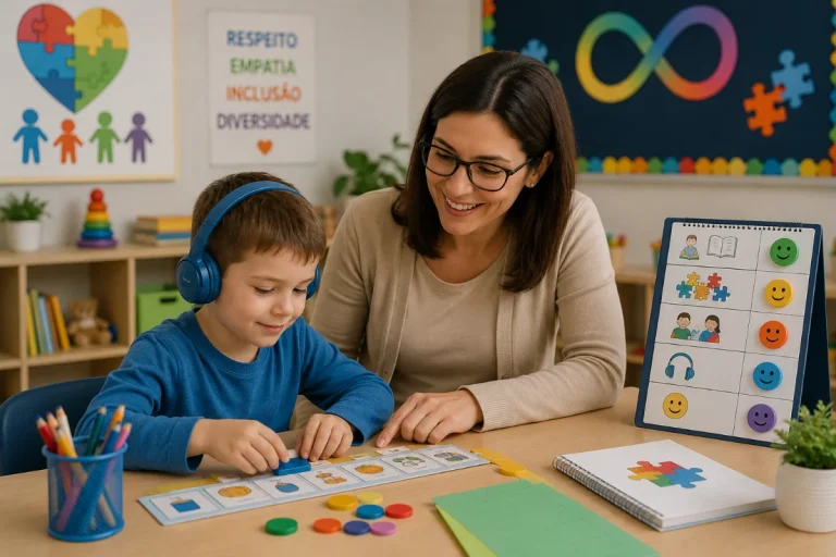 Professora auxiliando um aluno autista em atividade pedagógica personalizada, utilizando recursos visuais, materiais lúdicos e estratégias inclusivas em sala de aula.