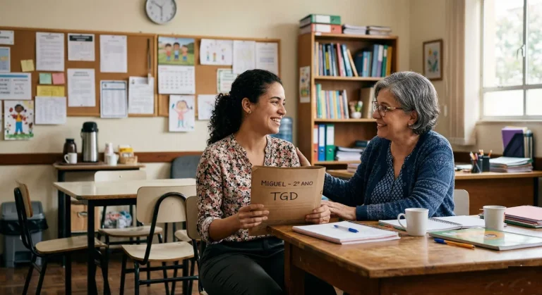 Professora jovem sorrindo com alívio ao conversar com coordenadora pedagógica em uma sala de professores, segurando uma pasta escolar com a etiqueta "Miguel - 2º Ano - TGD"