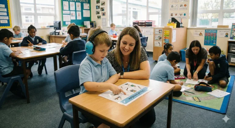 Aluno autista em sala de aula com professora.