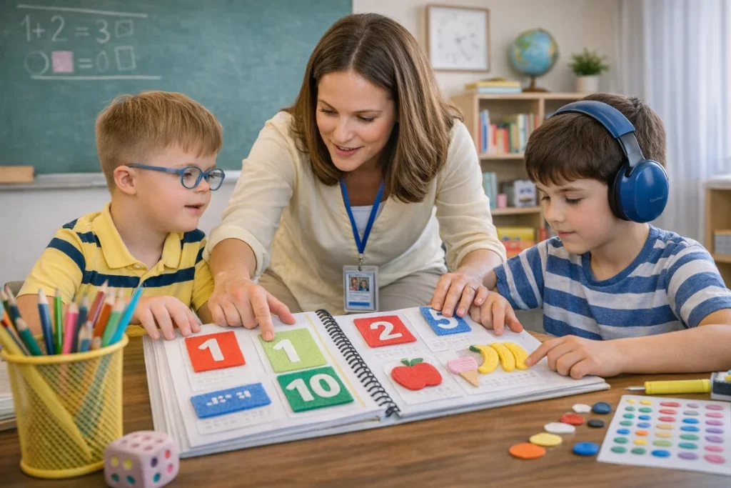 Professora da educação infantil aplicando atividade adaptada com material visual para dois alunos na sala de aula, com um dos estudantes utilizando abafador de ruído.