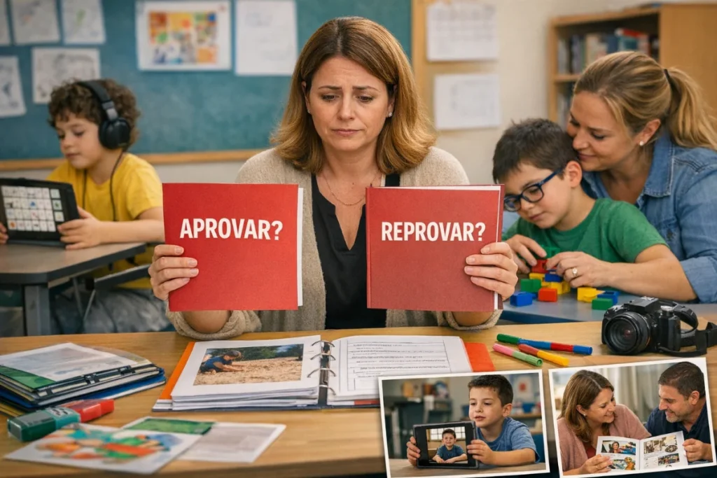 Professora com expressão pensativa segurando duas pastas vermelhas escritas "APROVAR?" e "REPROVAR?" sobre uma mesa com relatórios e portfólios de fotos, enquanto alunos com autismo e apoio pedagógico realizam atividades ao fundo na sala de aula.