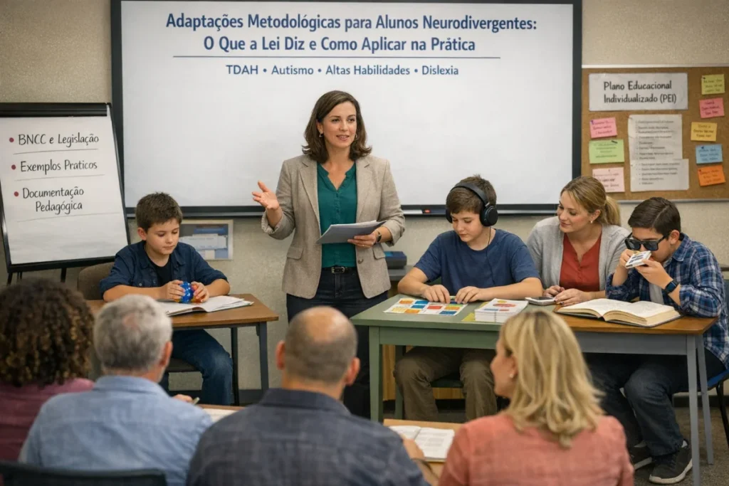 Professora ministrando uma capacitação sobre adaptações metodológicas para alunos neurodivergentes em uma sala com professores e estudantes utilizando recursos de acessibilidade como abafadores de ruído, materiais em Braille e brinquedos sensoriais.