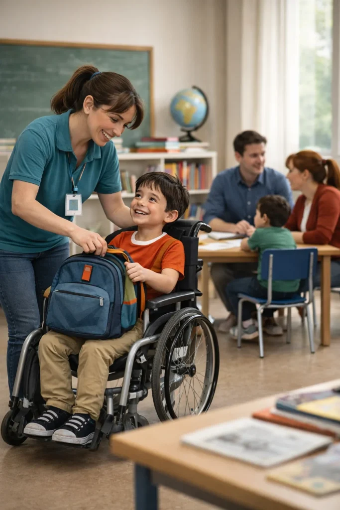Profissional de apoio escolar sorrindo ao ajudar um aluno usuário de cadeira de rodas a organizar sua mochila na sala de aula, enquanto os pais conversam com a equipe pedagógica ao fundo.