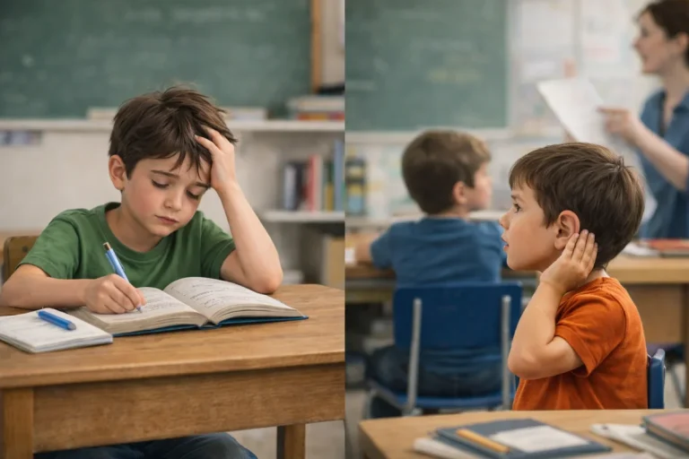 Montagem com duas imagens lado a lado na sala de aula: à esquerda, um menino com expressão frustrada e a mão na cabeça tentando focar no caderno; à direita, um aluno com a mão na orelha escutando a professora ao fundo, representando barreiras de aprendizagem e sensoriais.