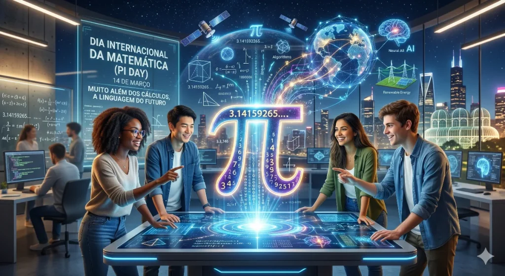 Diversos estudantes interagindo com um holograma brilhante de Pi (π), equações e tecnologia avançada em um ambiente futurista para celebrar o Dia Internacional da Matemática.