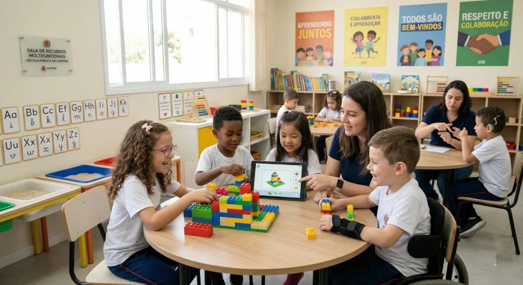 Crianças com e sem deficiência e uma professora interagindo com blocos de montar e um tablet em uma sala de recursos multifuncionais inclusiva. Ao fundo, cartazes em português sobre inclusão.