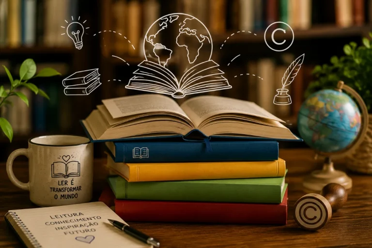 Livros empilhados com um exemplar aberto sobre a mesa, acompanhados por elementos que representam conhecimento, criatividade, leitura e direitos autorais, em um ambiente acolhedor de estudo.