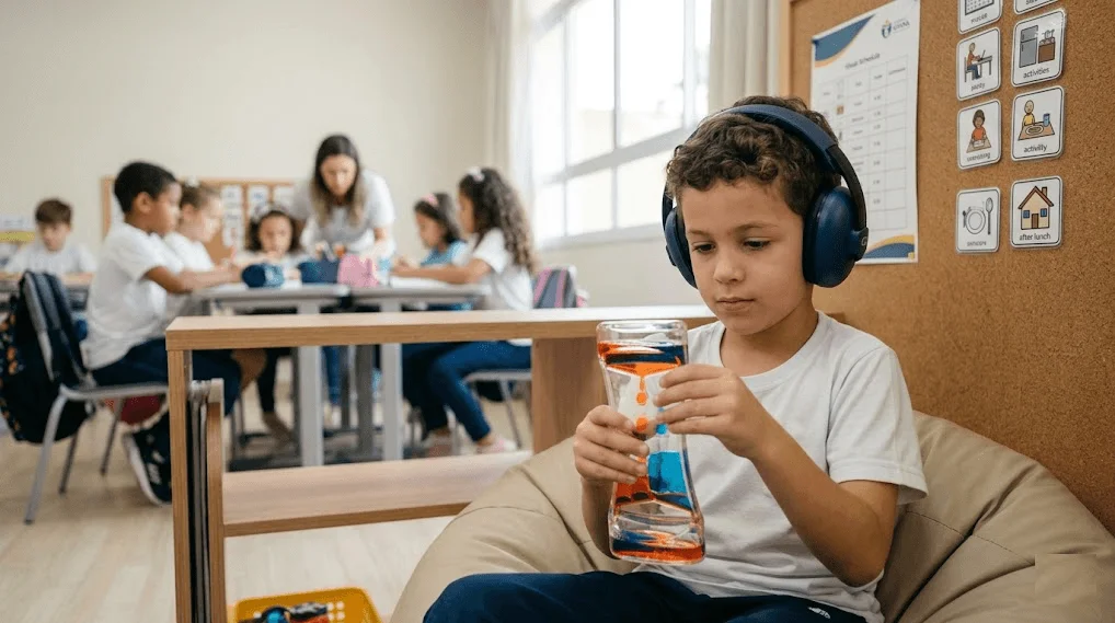 Aluno autista com abafador de ruído segurando um recurso visual de regulação em uma sala de aula inclusiva, ilustrando a permanência e flexibilização de carga horária na escola.