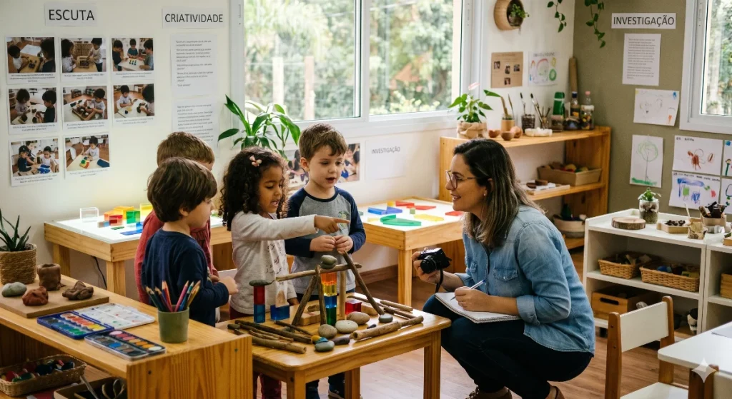 Educadora sentada à mesa com um grupo de crianças pequenas, mediando uma atividade em uma sala de aula organizada e iluminada, ilustrando a aplicação prática da Abordagem Reggio Emilia na Educação Infantil.