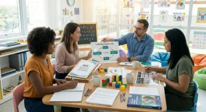 Quatro profissionais de educação em uma reunião na Sala de Recursos, discutindo documentos sobre AEE e Colaboração Regular.