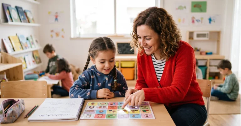 Professora ensinando seus alunos com alfabetização inclusiva