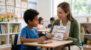Uma professora de pé auxiliando um aluno autista sentado, mostrando-lhe instruções visuais passo a passo em um papel.