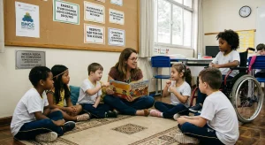 Uma professora de óculos lê o livro 'O Grande Encontro das Diferenças' para uma roda de conversa com crianças diversas em uma sala de aula. Entre os alunos estão um menino com Down, uma menina usando LIBRAS e um menino em cadeira de rodas. Ao fundo, cartazes em português sobre empatia, BNCC e inclusão. A iluminação é natural.