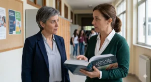 Duas mulheres em um corredor de escola conversando. A mulher da esquerda, de blazer azul, ouve atentamente a mulher da direita, de casaco verde, que aponta para um livro aberto intitulado 'LEGISLAÇÃO EDUCACIONAL E INCLUSÃO'. Alunos desfocados ao fundo.