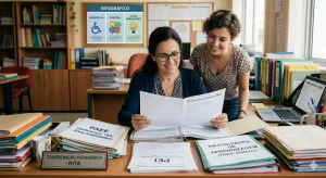Coordenadora pedagógica sorridente e segura organizando pastas de documentos escolares categorizadas por "PAEE (Deficiência, TEA, Altas Habilidades)" e "Dificuldades de Aprendizagem (TDAH, Dislexia)". Ao fundo, um infográfico ilustra os três pilares do Público-Alvo da Educação Especial.