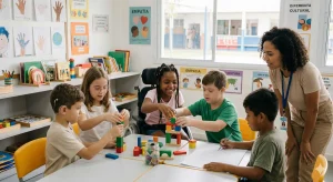 Alunos com e sem deficiência realizando atividade lúdica e colaborativa em sala de aula de ensino fundamental inclusiva.