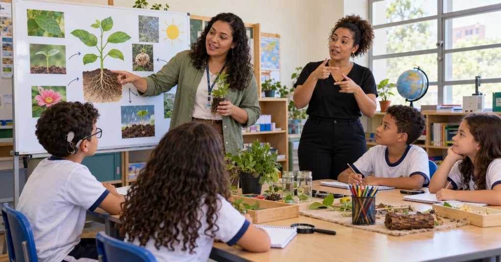 Professora ensina sobre plantas com apoio de intérprete de Libras a alunos, incluindo um menino com implante coclear.