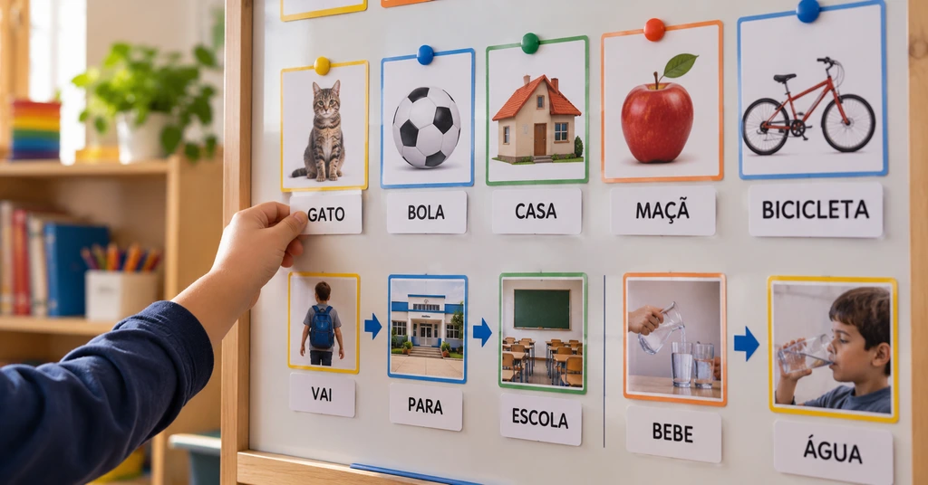 Criança associa palavras a imagens em quadro com cartões ilustrados e frases montadas com setas, em atividade de alfabetização.