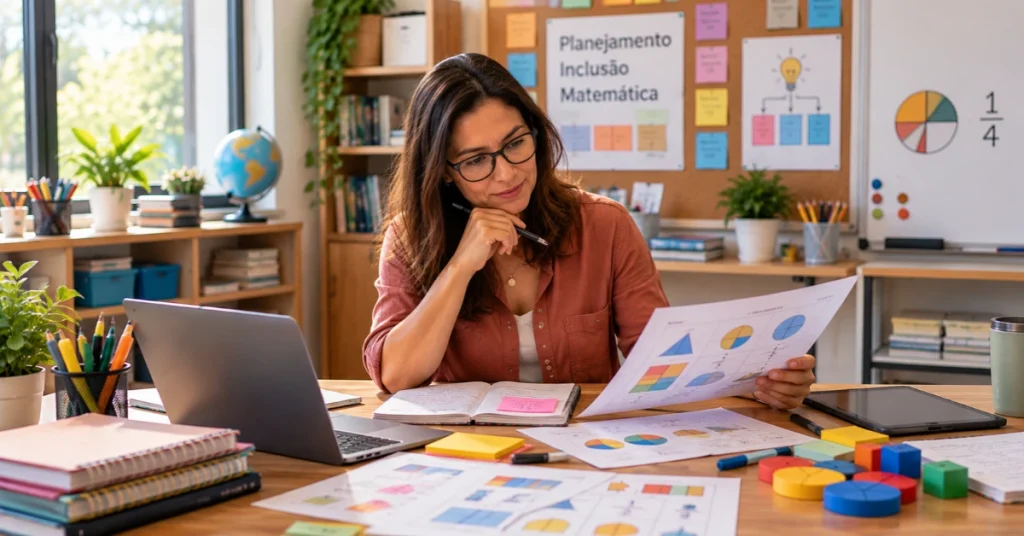 Professora fazendo planejamento pedagógico de matemática