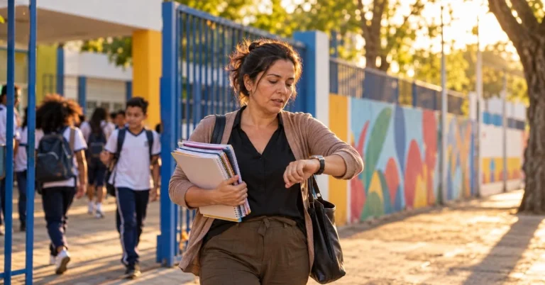 Professora caminha apressada em frente ao portão de uma escola pública no fim da tarde