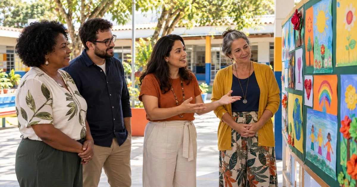 Grupo de professores conversa no pátio da escola diante de um mural de projetos dos alunos