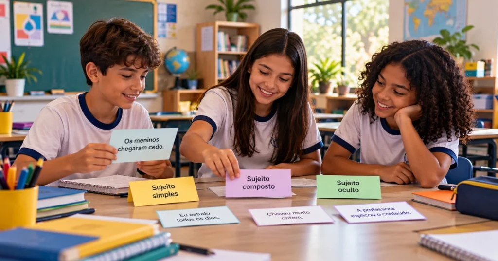 Alunos aprendendo sintaxe na prática com os tipos de sujeito