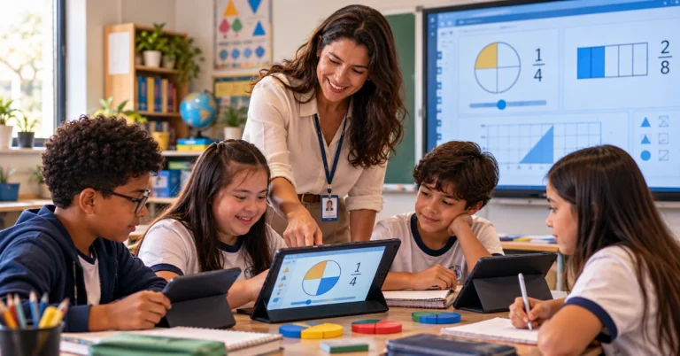 Professora usando de Tecnologia no ensino de Matemática para alunos